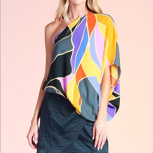💛SOLD💛ONE-SHOULDER ARTSY BLOUSE💙💜 - Picture 1 of 1
